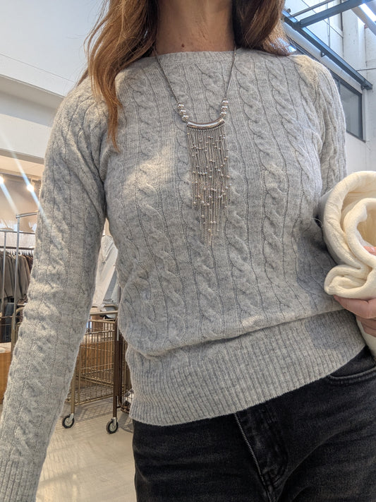 Maglione Donna, Slim Fit, Treccia, Scollo a Barca, Grigio Melange).