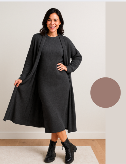  Completo in maglia abito lungo e cardigan donna autunno inverno 2025 2026